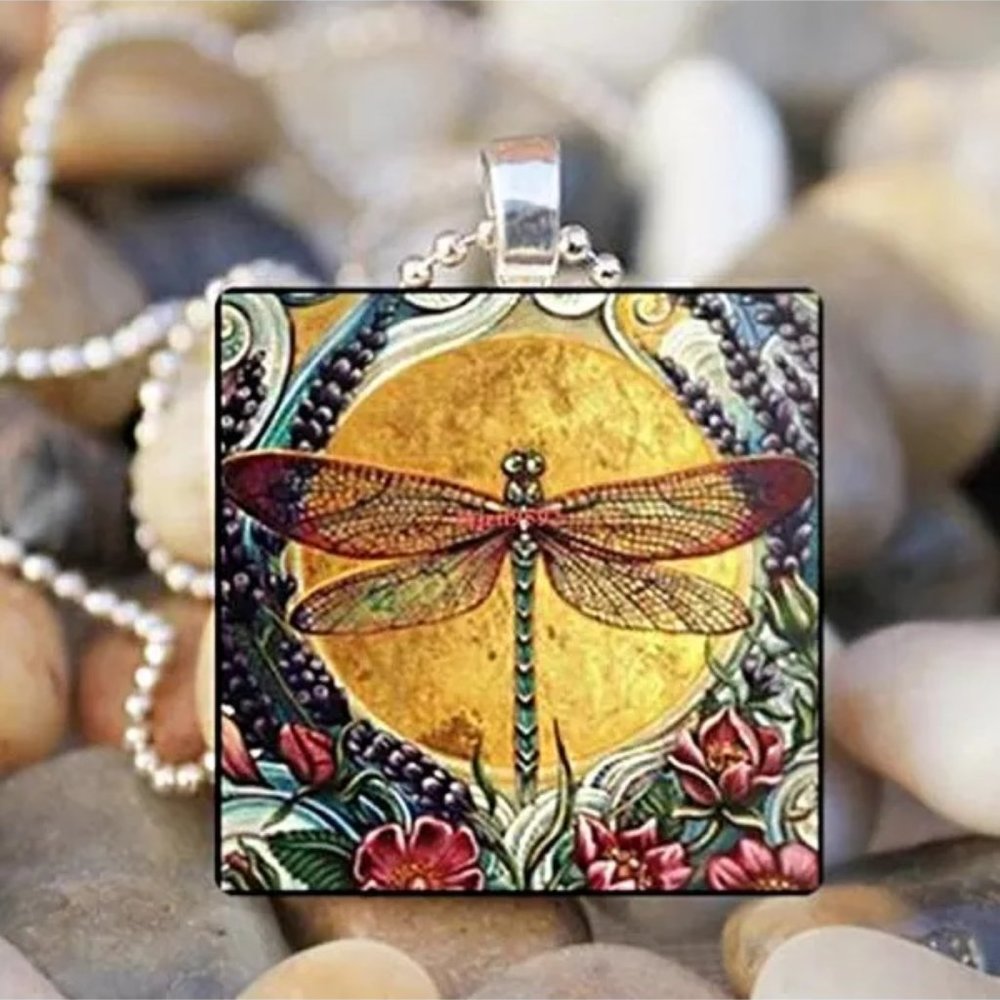 Dragonfly Gemstone Square Necklace Pendant
